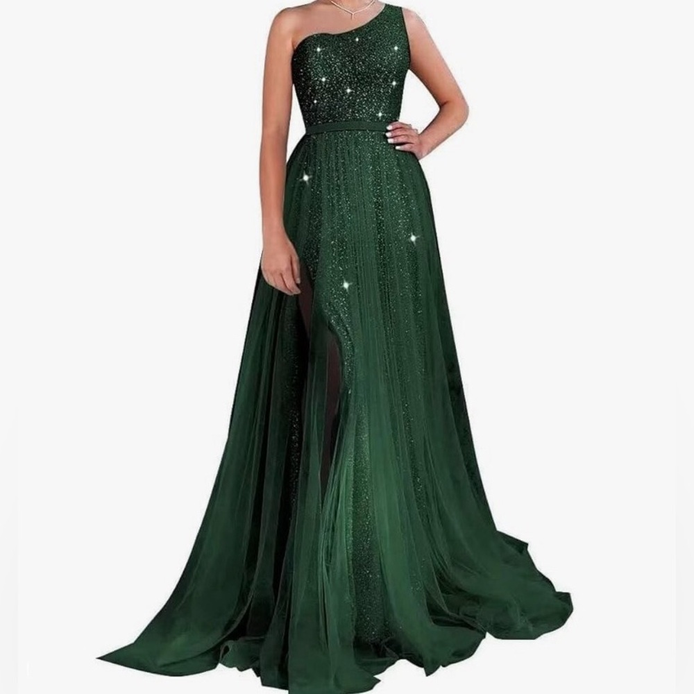 green sparkly a line one shoulder leg slit prom dress size 8